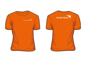 Voluntario comunitario. Camiseta naranja, cuello redondo